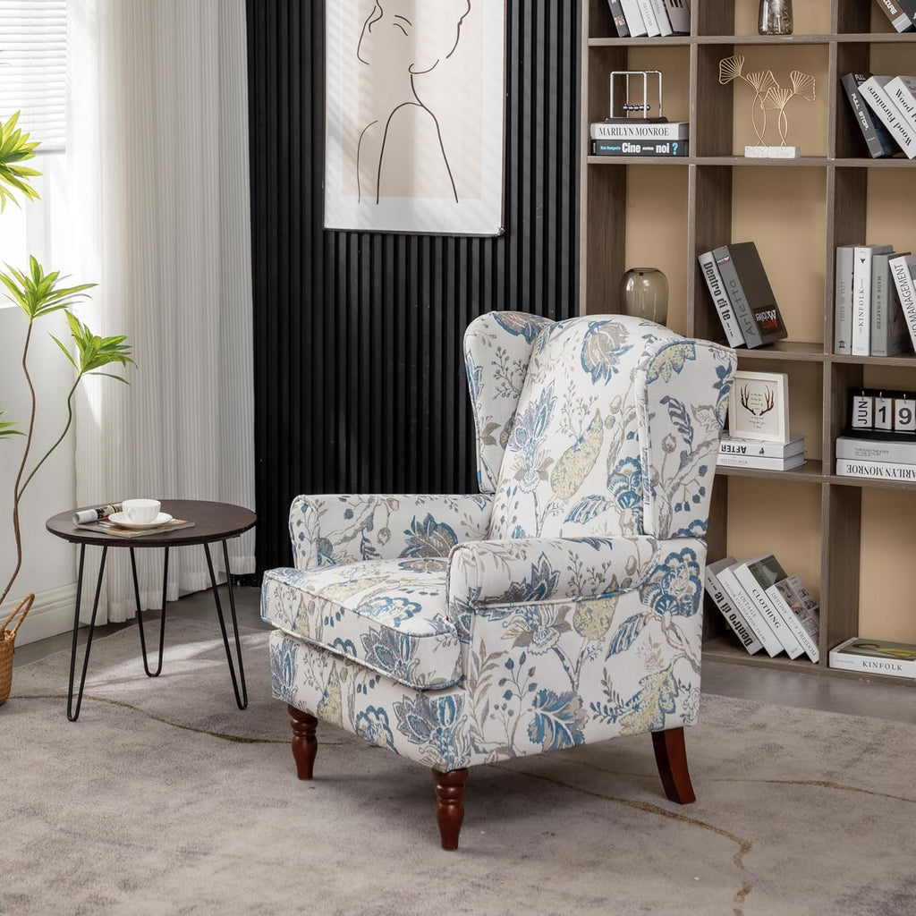 Modern Wingback Accent Chair with Solid Wood Legs and Cushion, Comfy Upholstered Floral Pattern Armchair, Retro