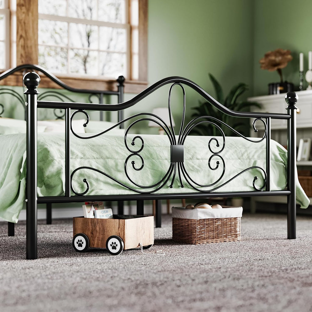 Full Bed Frame with Headboard,Metal Bed Frame with Butterfly Pattern Design Headboard & Footboard,No Box Spring
