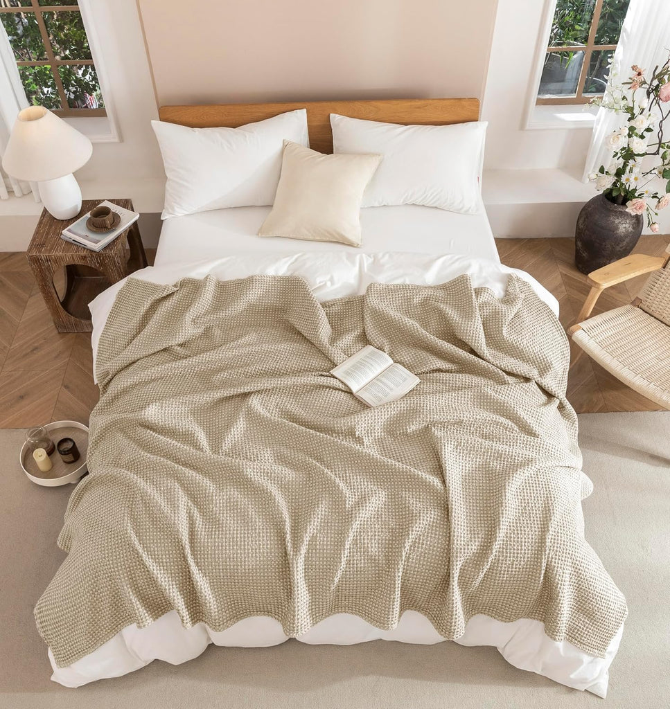 100% Cotton Blanket Throw Size, Machine Washable,Oatmeal,50x60 Inches