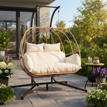 Double Egg Swing Chair with Stand, Oversized Egg Chair Outdoor Indoor, Hanging Swing Chairs with Cushions, Extra