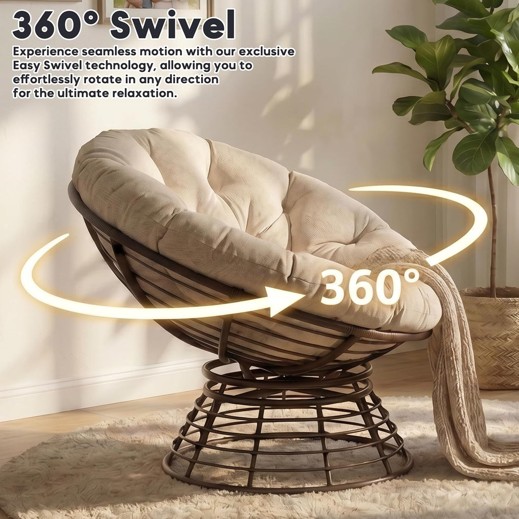 Comfortable 36" Ergonomic Wicker Papasan Chair, 360° Swivel Wicker Accent Chair Polyester Fabric Cushion, Ideal