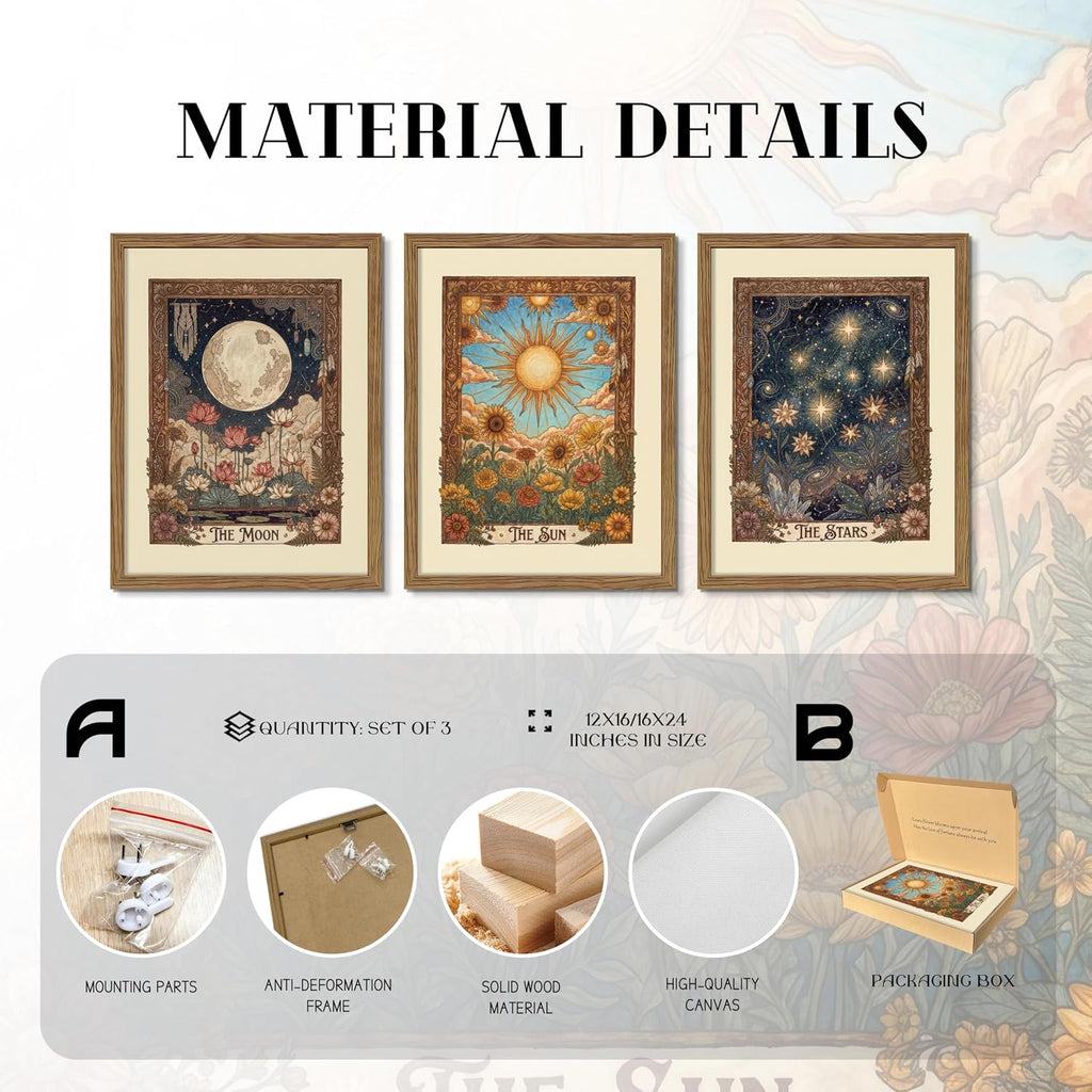 Tarot Card Wall Art Set of 3, Boho Floral Moon and Stars Canvas Wall Decor Painting, Vintage Sun And Moon Celestial