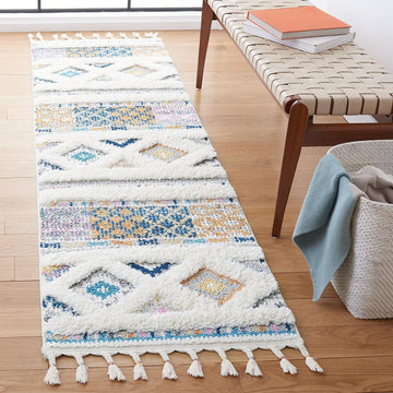 Moroccan Fringe Shag Collection Runner Rug - 2'2" x 8', Ivory & Navy, Boho Design, Non-Shedding & Easy Care, 1.2-inch