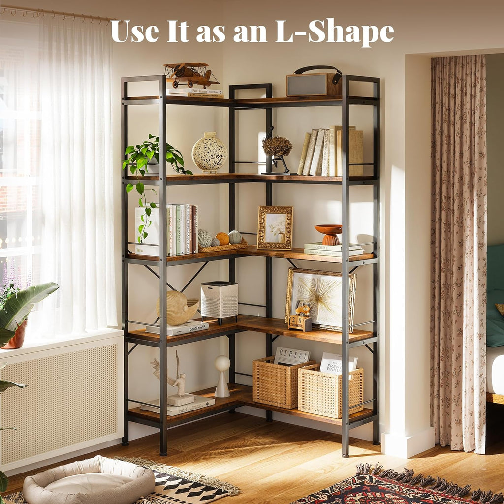 5 Tier Bookshelf, L Shaped Corner Bookshelf with 10 Open Shelves