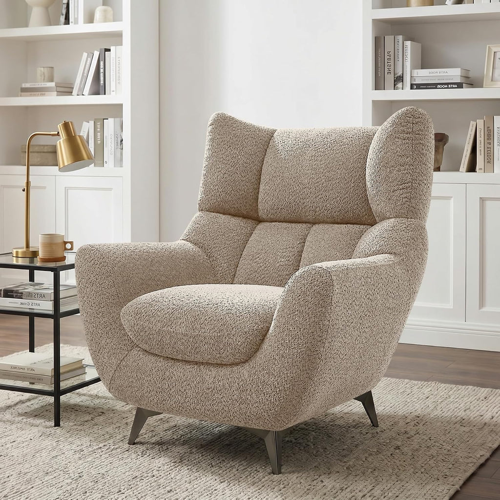34.6" Oversized Accent Chair with WingBack, Teddy Boucle Camel | High Back, Wide Armrests, Metal Legs, Cozy Deep Seat