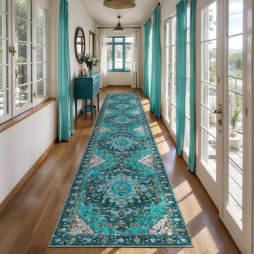 2x12ft Long Non-Slip Teal Washable Runner Rugs s Bedside