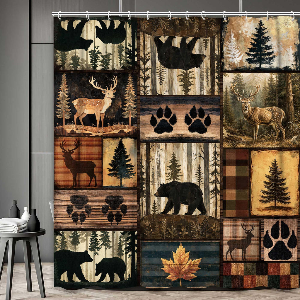 Rustic Cabin Bear Deer Pine Tree Print Vintage Woodland Lodge Bathroom Curtain Country Farmhouse Animal Paw Plaid