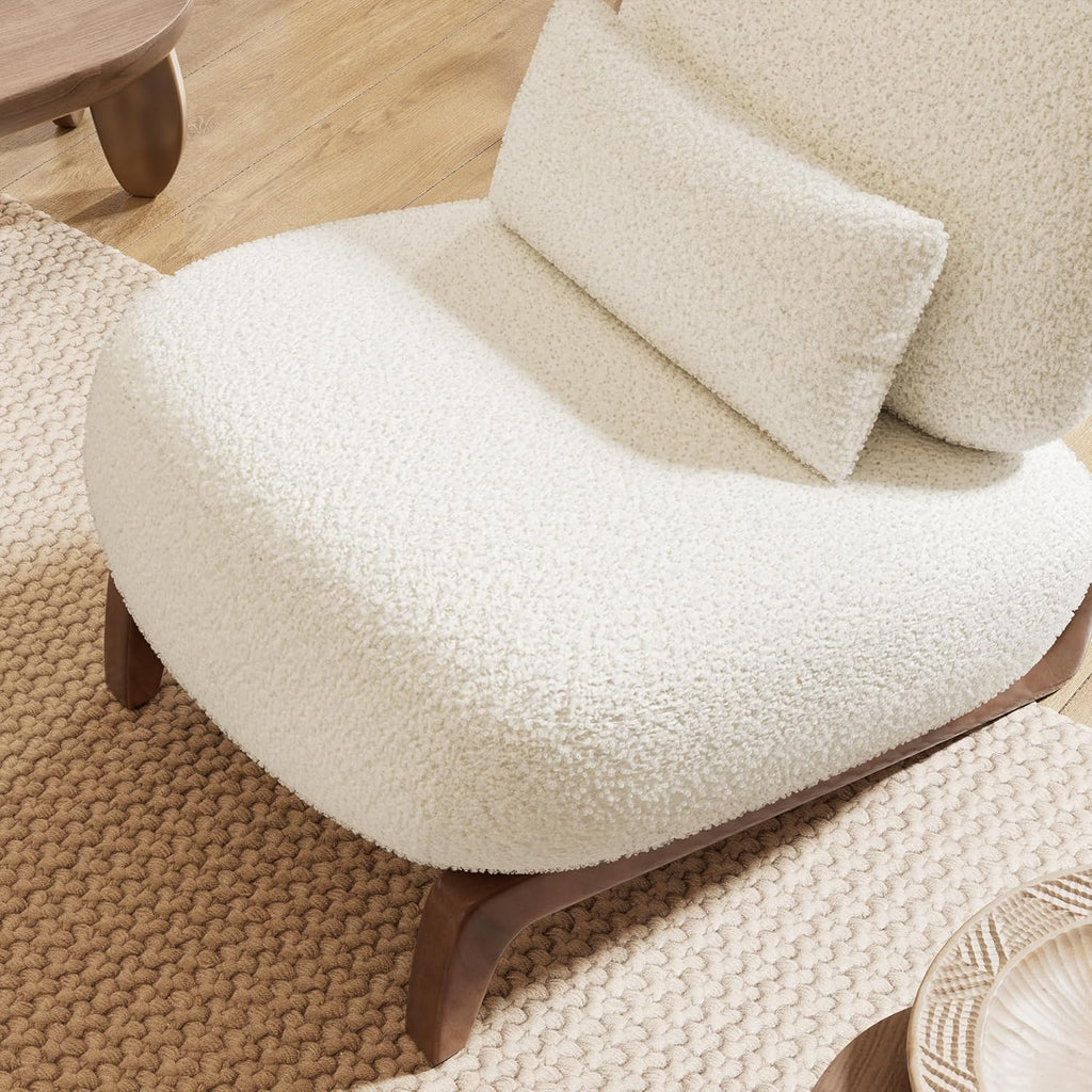 Boucle Chair, Upholstered Accent Chair Tilted Wooden Leg with Durable Comfy Boucle Pet-Friendly Thick Cushion &