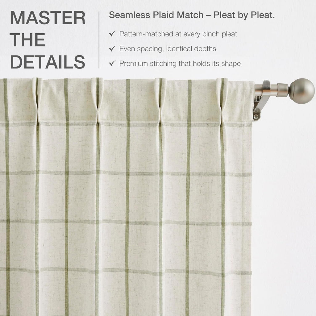 Sage Green Plaid Linen Pinch Pleated Semi Sheer Curtains Checkered Light Filtering Window Panels for Living Room Bedroom Rustic Pleat Drapes with Back Tab Hooks 40"W x 2 Panels