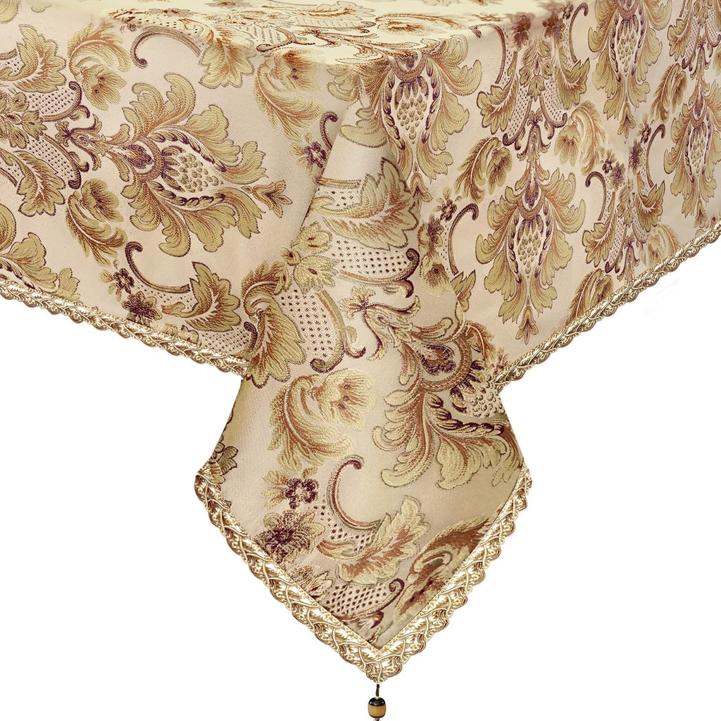 Luxury Rectangle Tablecloth 60 x 84 Inches, Elegant Damask Golden Floral Table Cover with Handmade T
