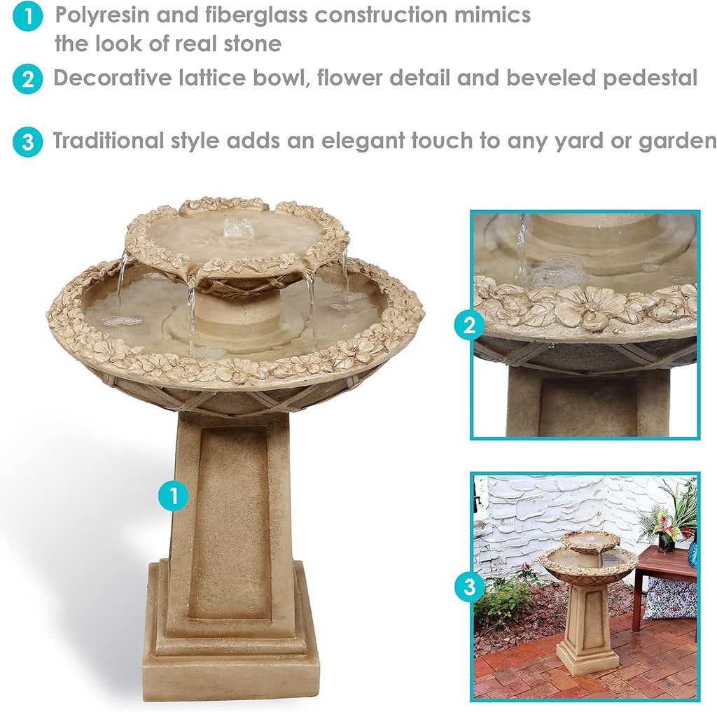 Beveled Flower 28-Inch 2-Tier Outdoor Water Fountain - Backyard Water Feature & Bird Bath or Deck