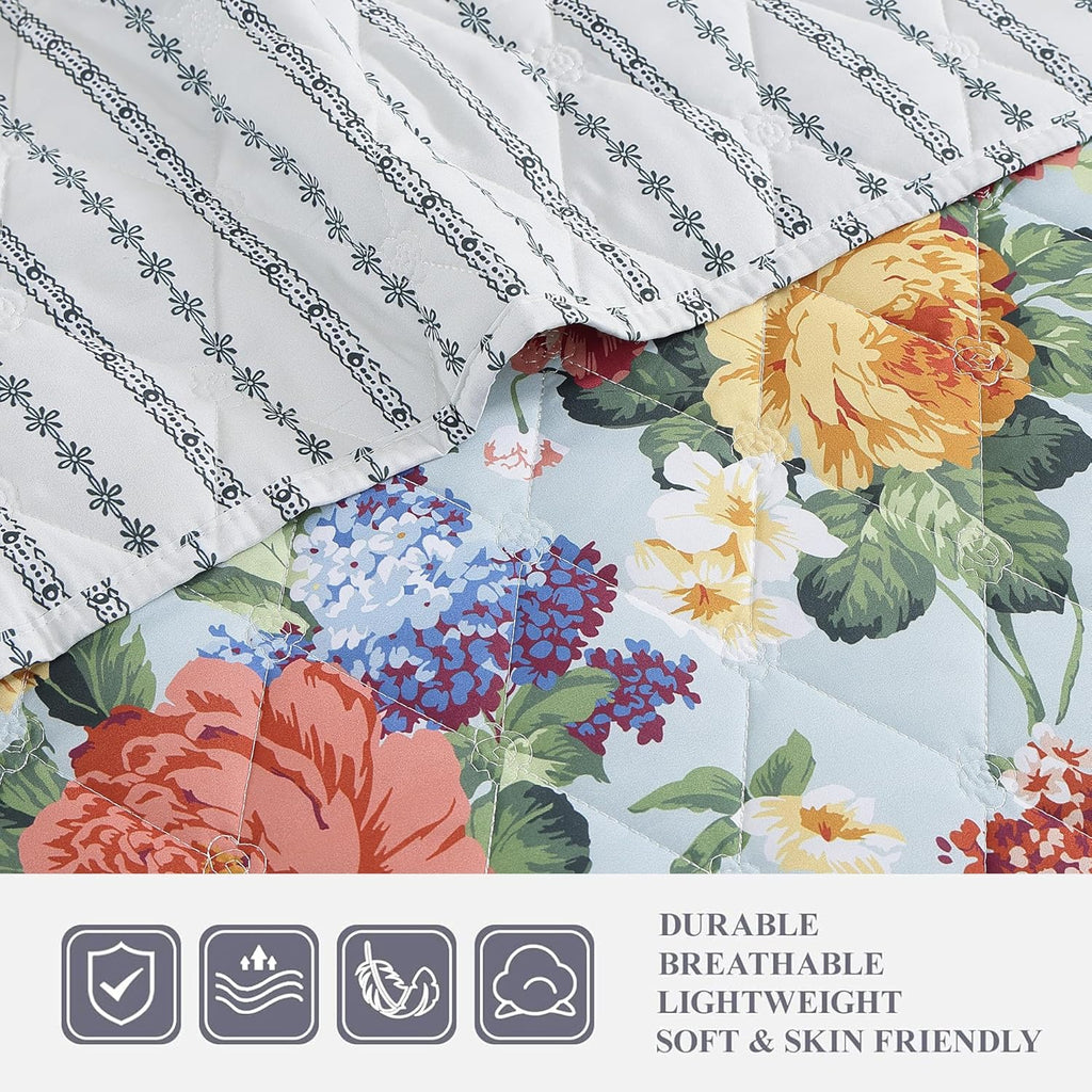 Floral Quilt Set, 3 Piece Reversible Lightweight Soft Bedspread Coverlet, Garden Farmhouse Botanical Diamond