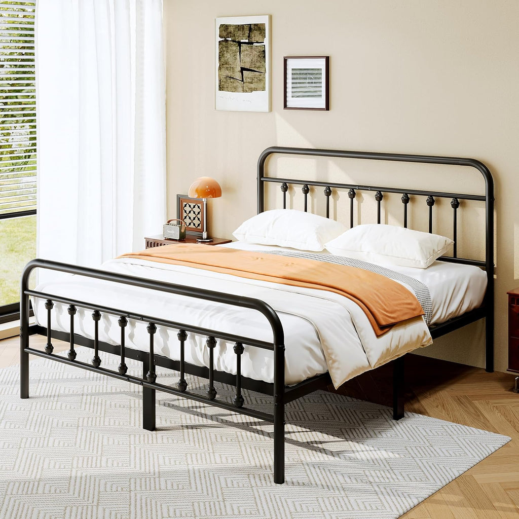 Full Metal Platform Bed Frame/Victorian Style Headboard and Footboard/Steel Slat Support/Easy Assembly/No Box Spring