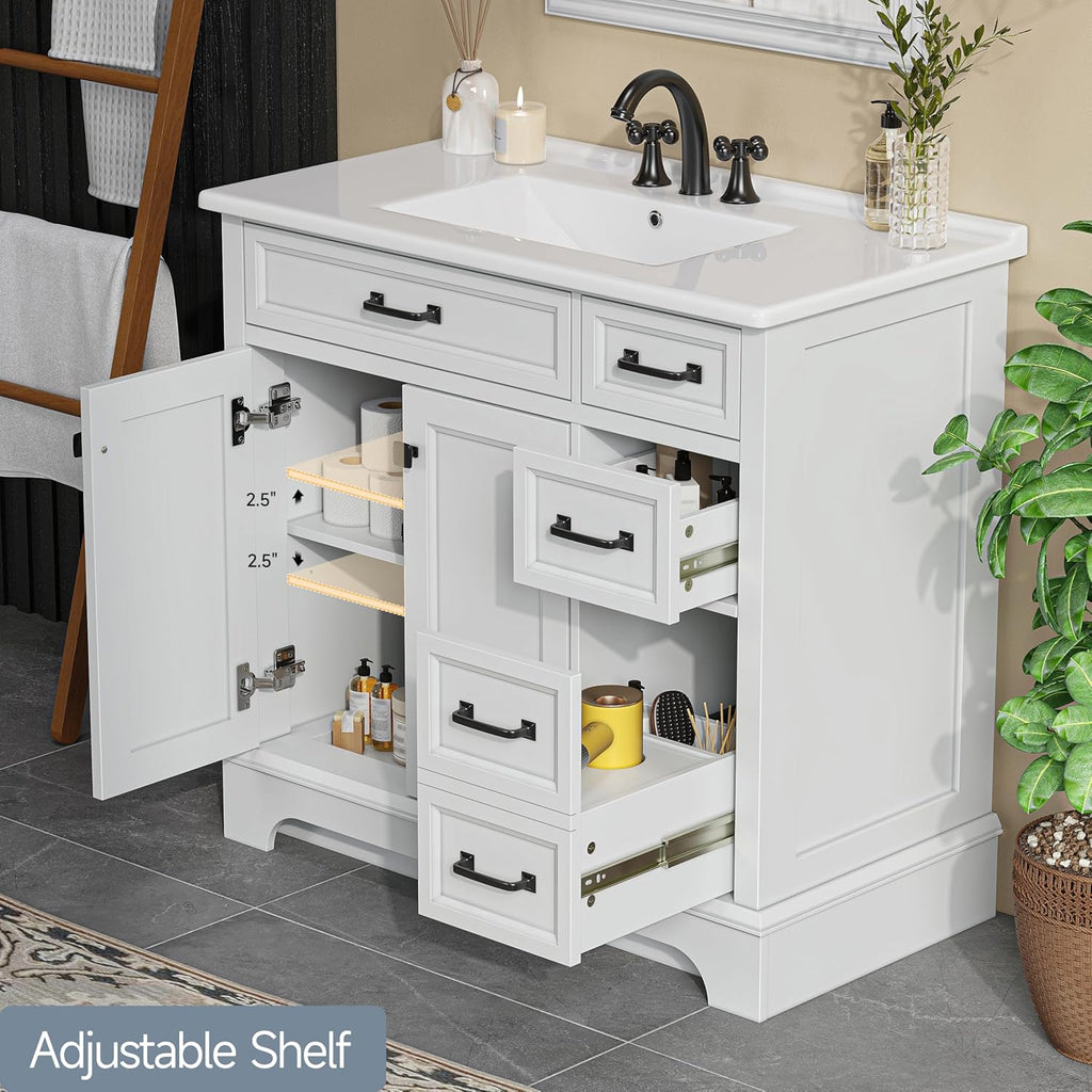 36'' Bathroom Vanity with Sink Combo, Freestanding Bathroom Vanities with Ceramic Sink, Luxurious Single Sink Cabinet with Soft Closing Doors & Drawers for Guest Baths Master Suites or Rental Units