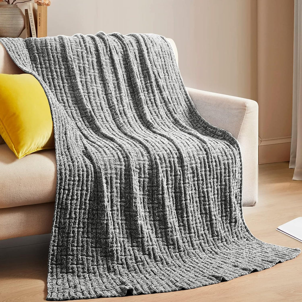 Dark Grey Chenille Knit Throw Blanket, Cozy Soft Cable Knitted Blankets, Warm Chenille Knitted Blanket for All