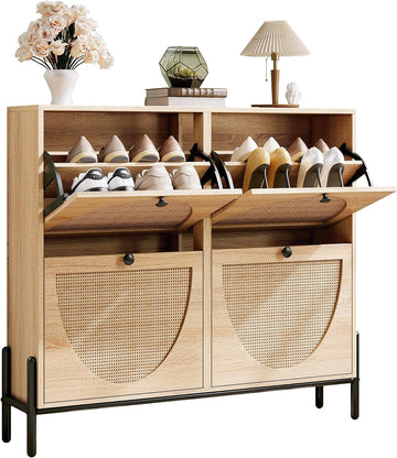Rattan Shoe Cabinet Storage with 4 Flip Drawers, Freestanding Shoe Storage Organizer Cabinet , Narrow Shoe Rack