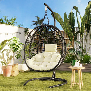 Indoor Outdoor Egg Chair with Stand, Foldable Egg Swing Chairs with Comfy Cushion/Removable Headrest/Adjustable Feet