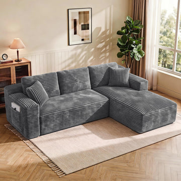 97" L Shaped Boneless Couches, Comfy Modular Deep Seat Compressed Corduroy Sofa with Side Pocket, Right Facing