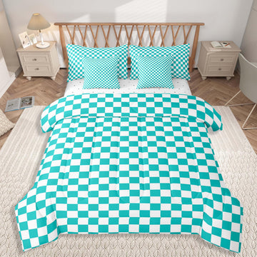 Teal Checkered Comforter Set with Sheets 7 Piece