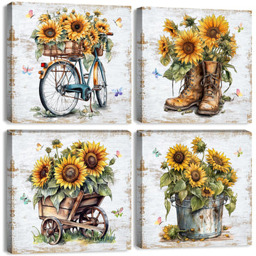 Rustic Sunflower Wall Art Farmhouse Bicycle Boots Truck Sunflower Picture Cowboy Wall Decor Vintage Country