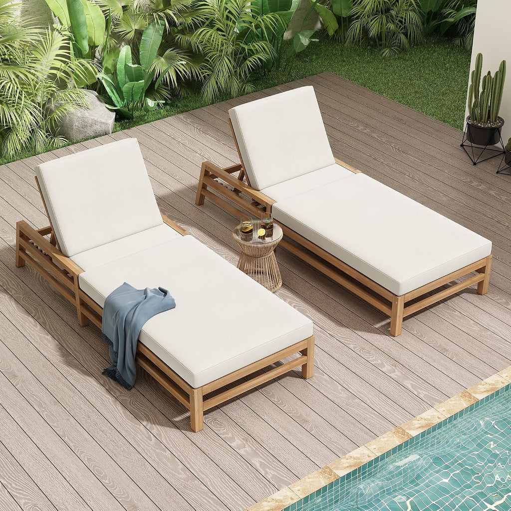 Outdoor Chaise Lounge Chairs Set of 2, Solid Wood Patio 5-Position Adjustable Recliner Chair with Thick Cushions