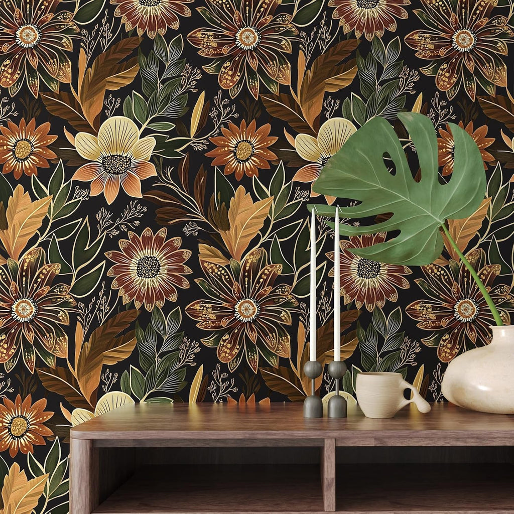 Boho Dark Black Gold Floral Wallpaper Peel and Stick 17.5"x393" | Self Adhesive/Removable/Waterproof/Thick Vinyl