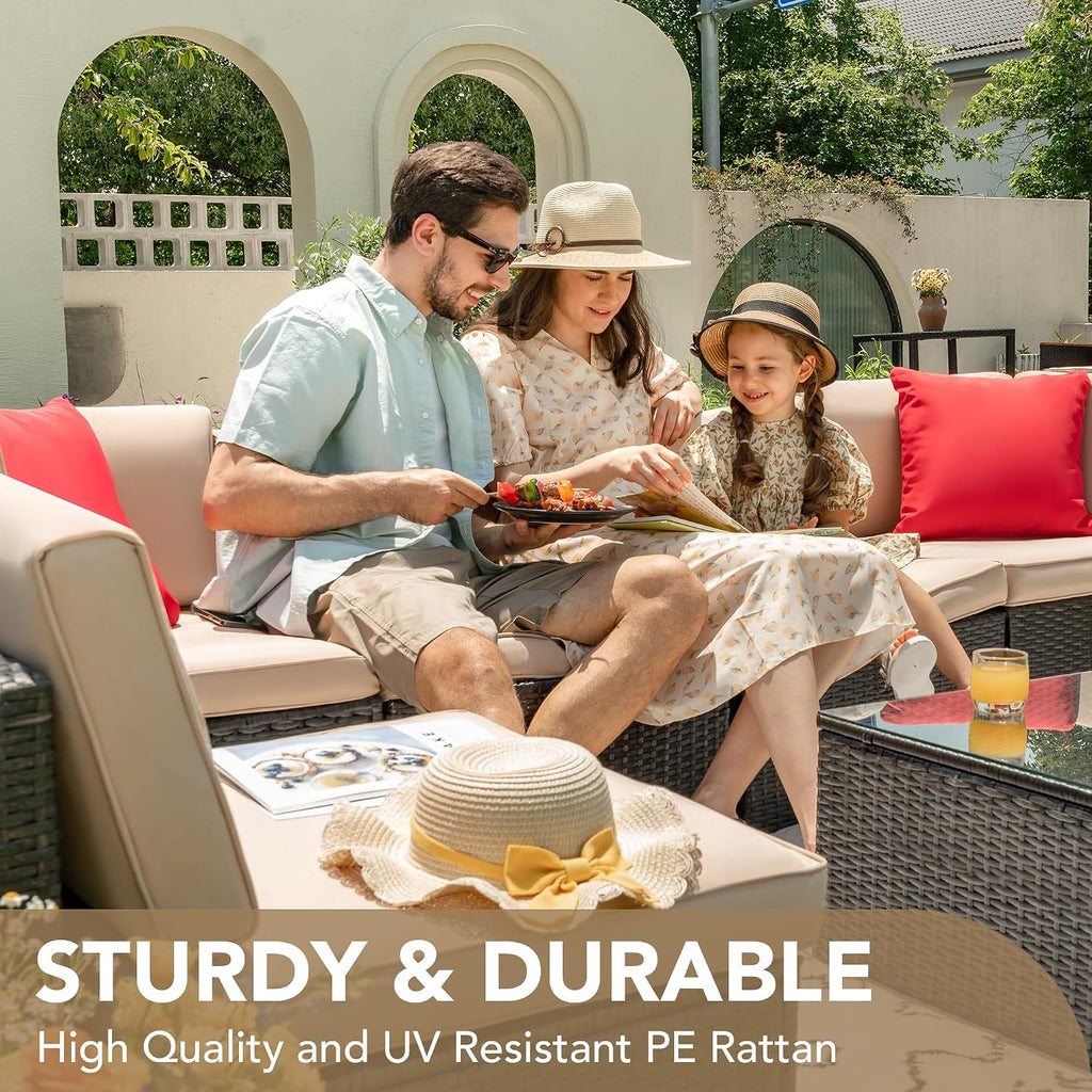 Patio Furniture Sets 6 Pieces Outdoor Sectional Rattan Sofa Manual Weaving Wicker Patio Conversation Set with Glass