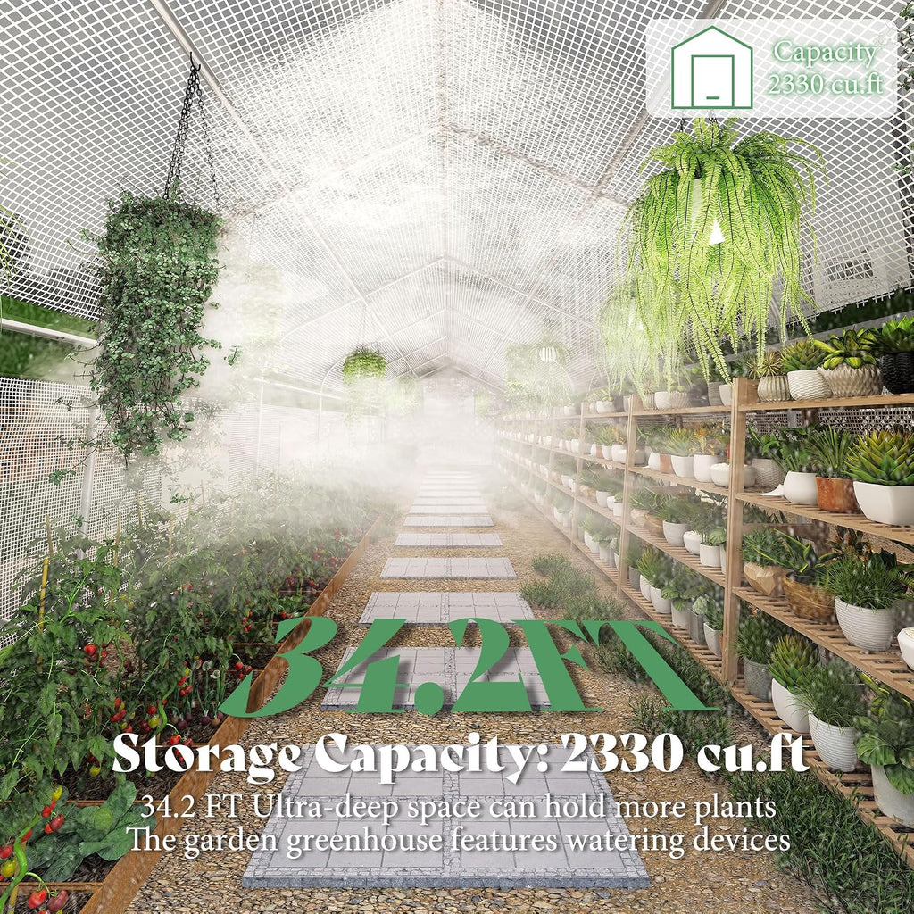 34x10x7 FT Walk-in Tunnel Greenhouse with Watering System | 2 zipper rolling doors, 14 windows and galvanized frame