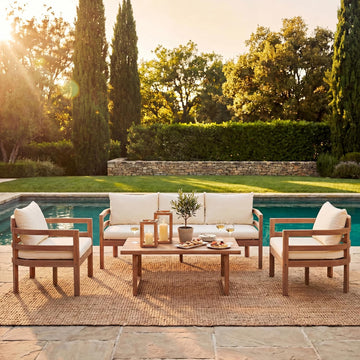 Alger 5-Seater Patio Furniture Set with Removable Cushion, 4 Piece Outdoor Acacia Wood Conversation Set, Wooden