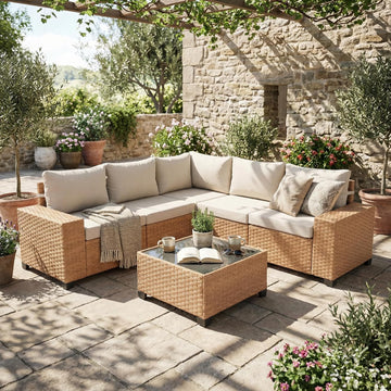 6-Piece Patio Wicker Sectional Furniture Set, Outdoor Modular Couch | L-Shaped Couch, 7.7" Wide Armrests, Thick