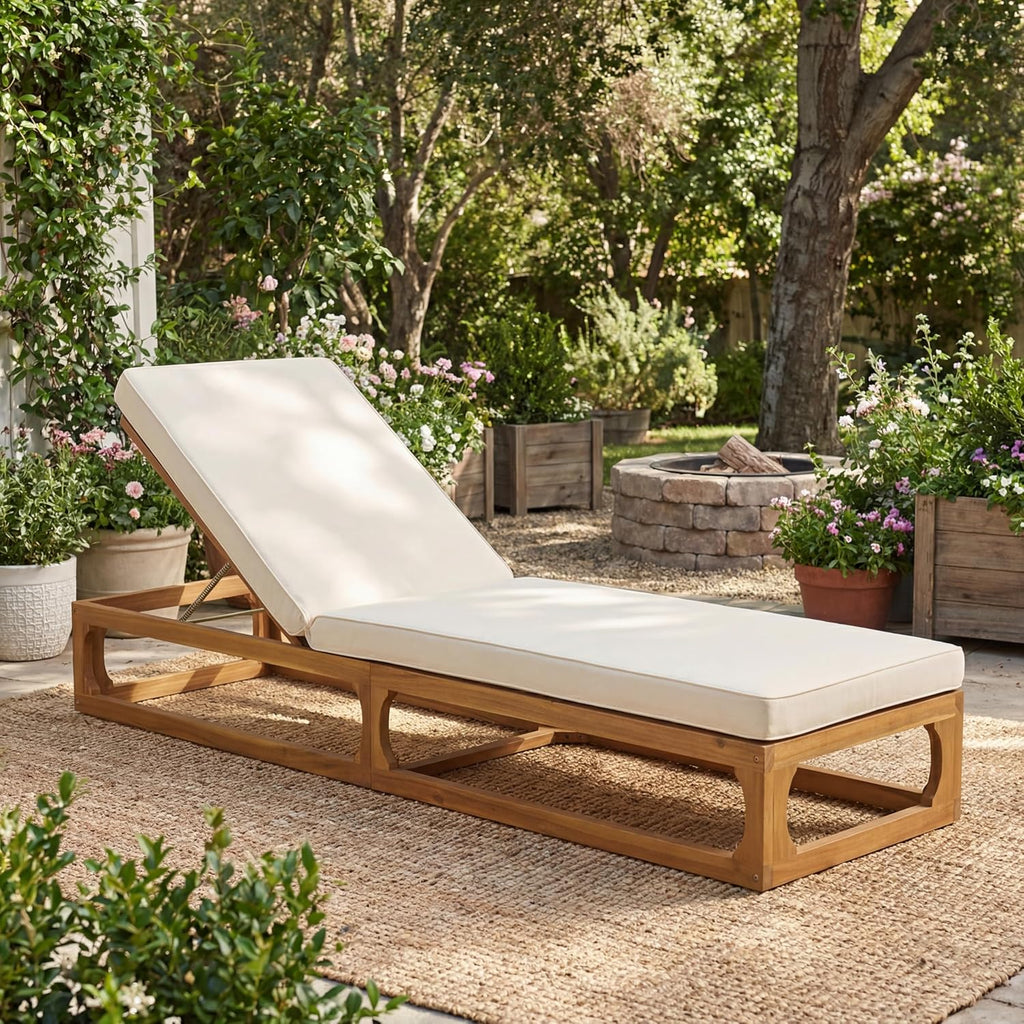 Modern Patio Chaise Lounge Chair Outdoor, Acacia Wood Poolside Sun Lounger with Cushion, Open Frame Pool Lounger