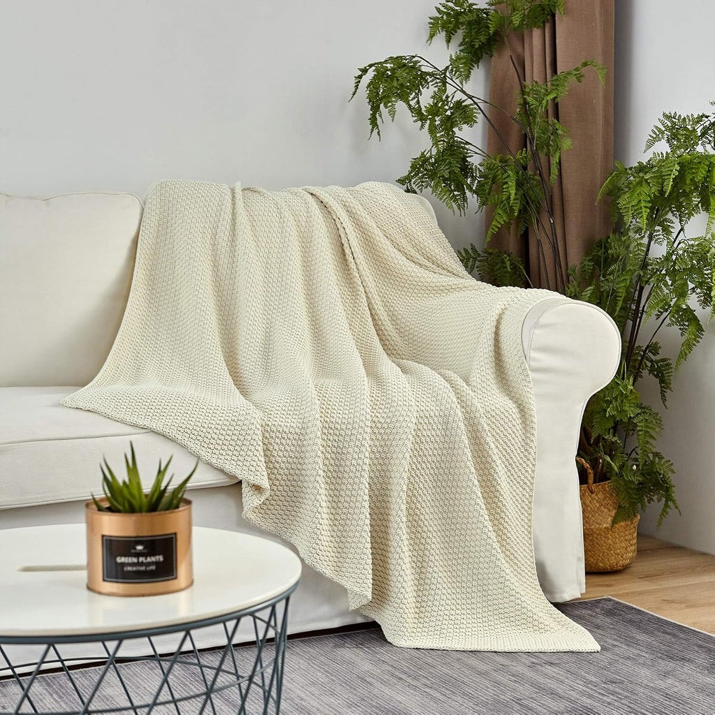 100% Cotton Knitted Throw Blanket - Cream, Soft & Cozy, Machine Washable, 60"x80"