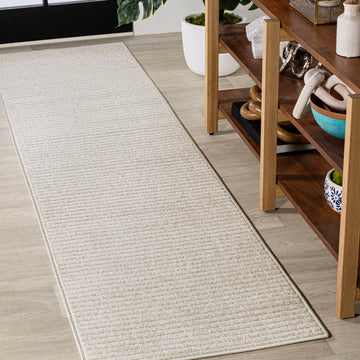 Aarhus High-Low Striped Ivory/Cream Indoor/Outdoor Runner Rug, Minimalist Geometric, Classic, Farmhouse, Cottage