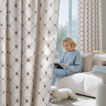 Living Room Curtains 84 inches Long Linen Textured, Privacy Semi Sheer Geometric Window Treatments Diamond
