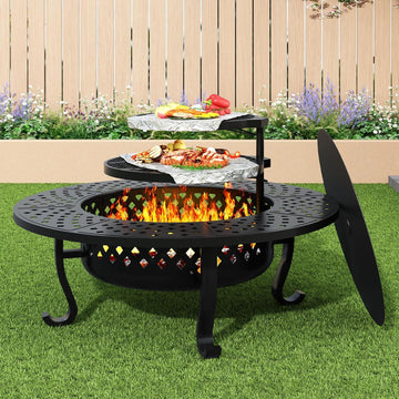 43 Inch Fire Pit with 2 Grill, Outdoor Wood Burning Firepit with Lid, Metal Round Table