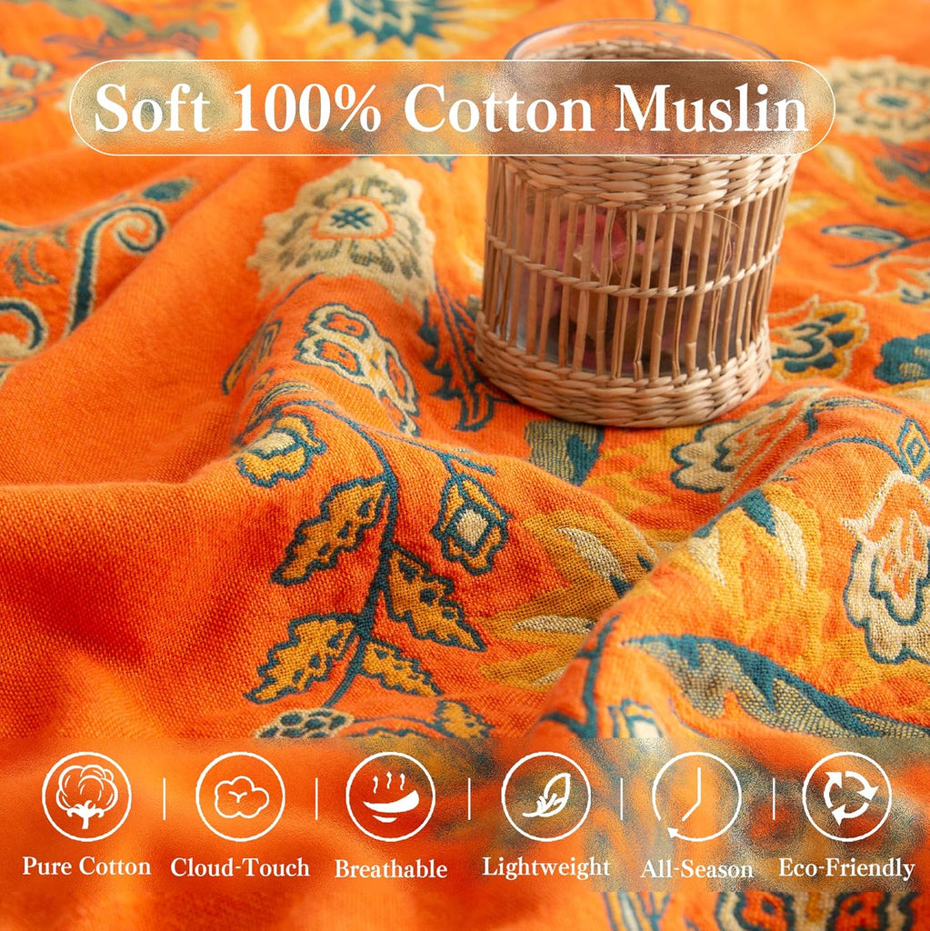 Boho Throw Blanket Twin Size, Soft Cozy Cotton Muslin Quilt Blanket, Floral Patterned Couch Sofa Chair Cover, Vintage