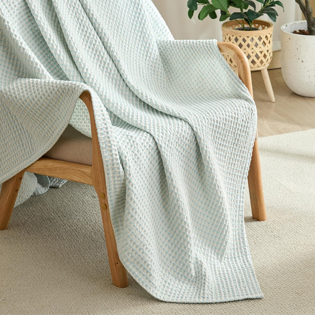 Lightweight Cotton Waffle Throw Blanket, Modern Two-Tone Check Pattern, Soft & Breathable, All Seasons - Light