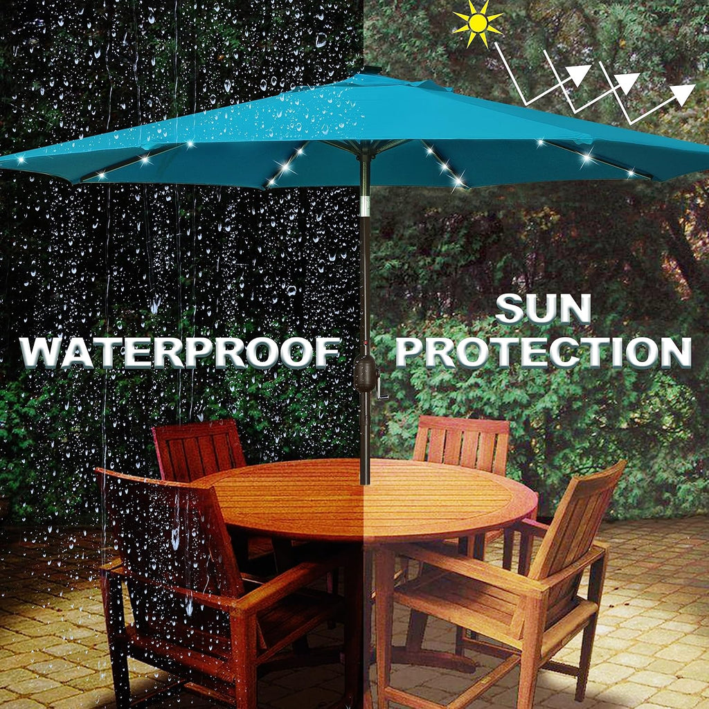 9 ft Solar Umbrella 32 LED Lighted Patio Umbrella Table Market Umbrella with Tilt and Crank Outdoor Umbrella Pool and -