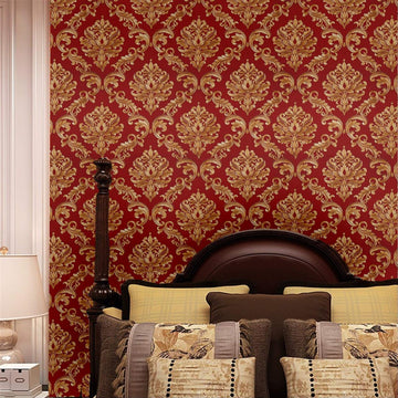 Red Damasks Flocking Embossed Textured Wallpaper Roll Bedroom, 20.8 In32.8 Ft=57 Sq ft Per Roll, Gold/Red