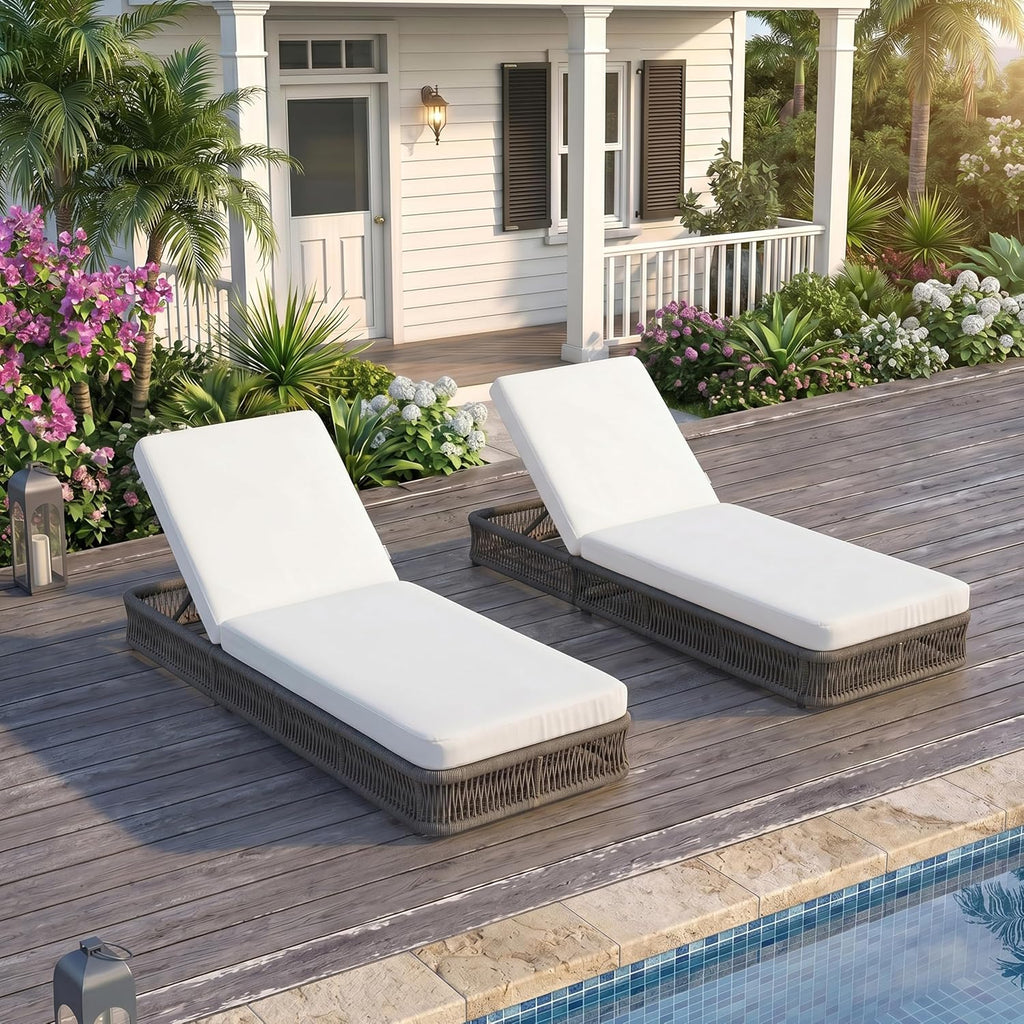 Outdoor Chaise Lounge Chair, Gray Woven Rope Patio Recliner with 5-Position Adjustable Backrest, Pool Sunbathing