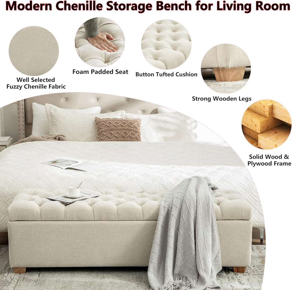 60.2" Storage Ottoman Bench Bed End,Beige Chenille Bench with Seating,Button Tufted Ottomans with Storage