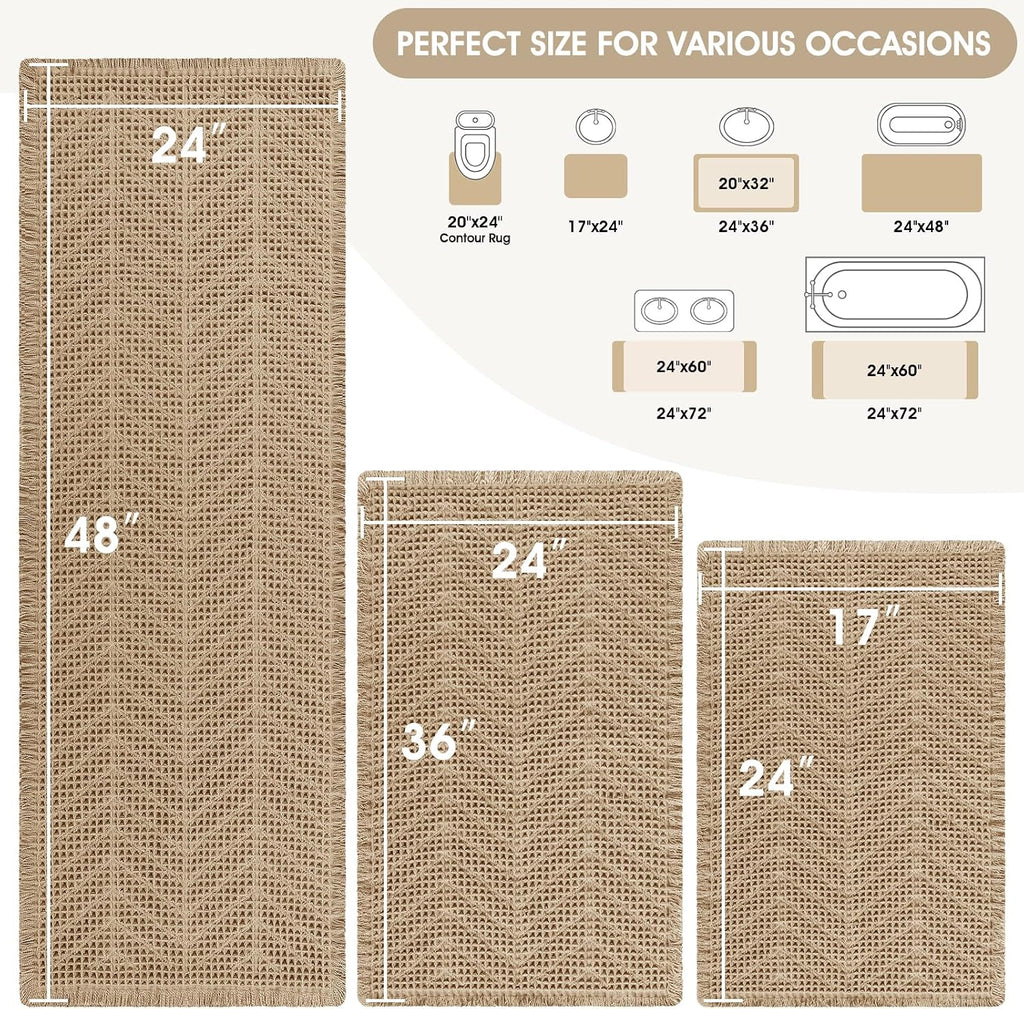 Upgraded Waffle Bath Mat Set 3 Piece Beige-Herringbone, Super Absorbent Non-Slip Quick Dry Bathroom Rugs with