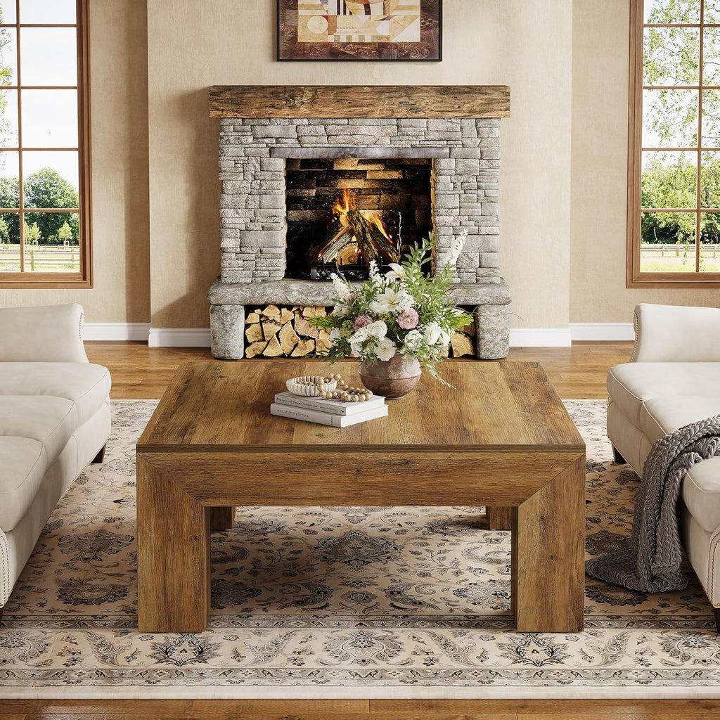 39.4-Inch Square Coffee Table, Farmhouse All MDF Accent Center Cocktail Table with Sturdy Wooden Legs, Easy Assembly