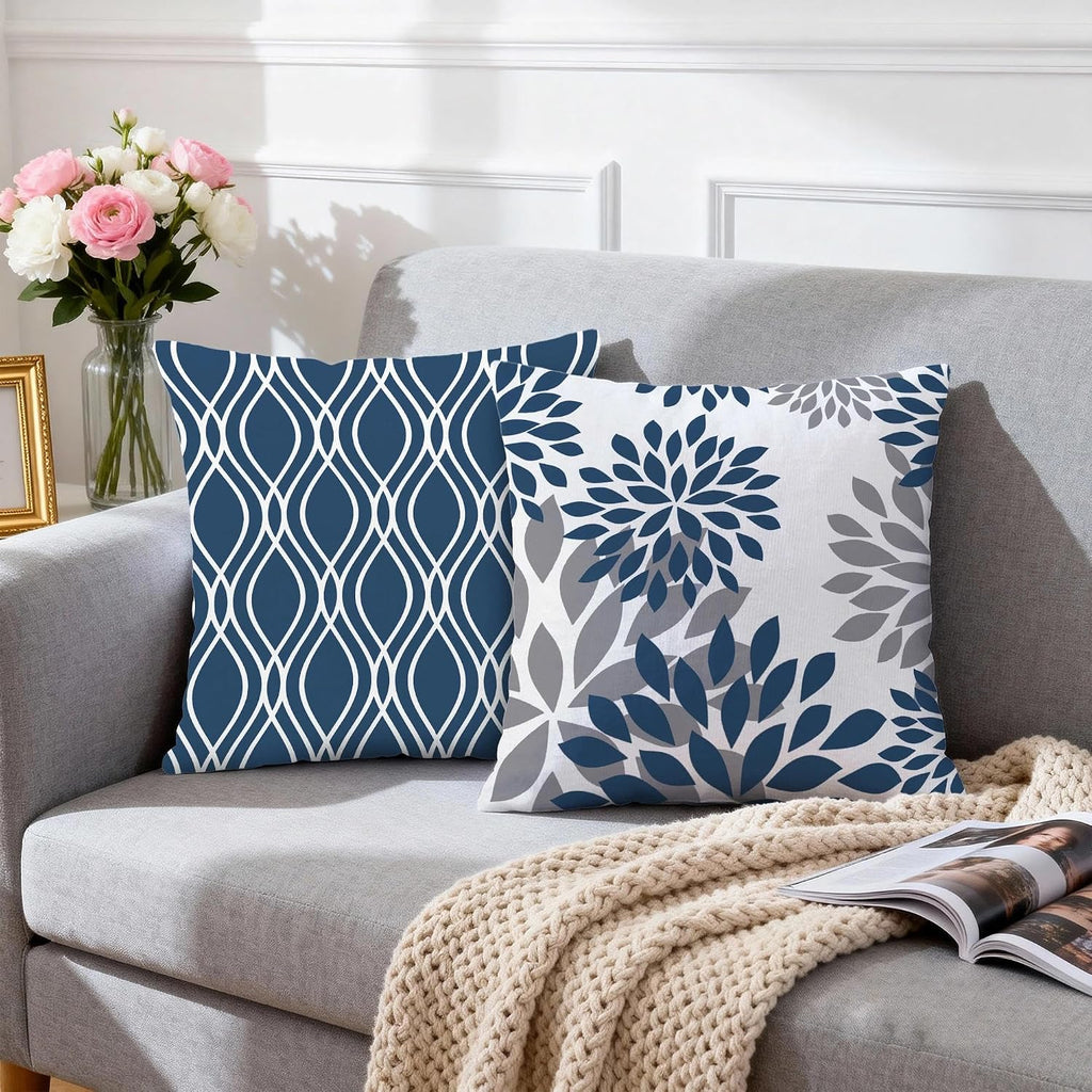 Geometric Blue Pillow Covers 18x18 Set of 4, Decorative Outdoor Boho Modern Throw Pillow Covers, Home Sweet Home