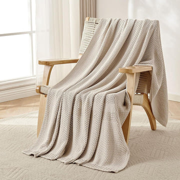 Chunky Cable Knit Throw Blanket, Lightweight 100% Organic Cotton Soft Cozy Throw Twin Blanket, Rustic Breathable