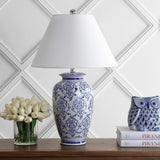 26.25" Blue/White Chinoiserie Ceramic Table Lamp, Traditional Asian-Inspired Urn Lamp Bedroom, White Linen Shade