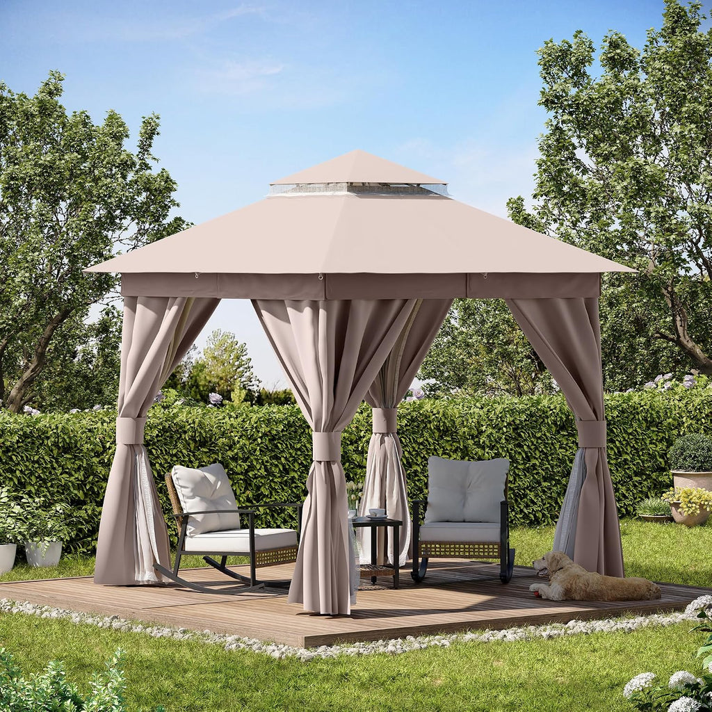 Patio Gazebo 8'x8', Outdoor Heavy Duty Party Tent Shelter with Double Roofs, Mosquito Nettings and Privacy Screens Khaki