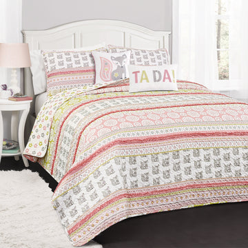 Fox Ruffle Stripe 4 Piece Quilt Set, Twin, Pink/Gray