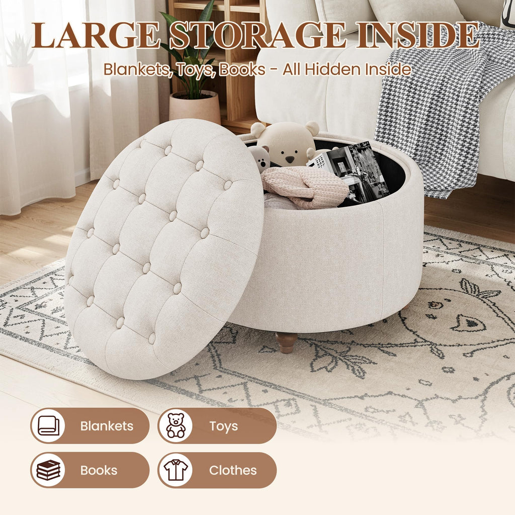 25" Round Ottoman with Storage, Small Coffee Table with Reversible Tray Lid