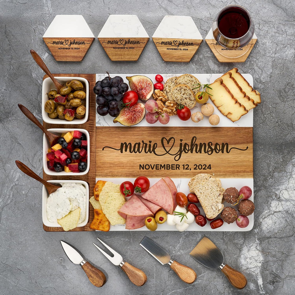 Personalized Acacia Wood & Marble Charcuterie Board - Custom Engraved Cheese Board with Knife Set - Perfect Wedding &